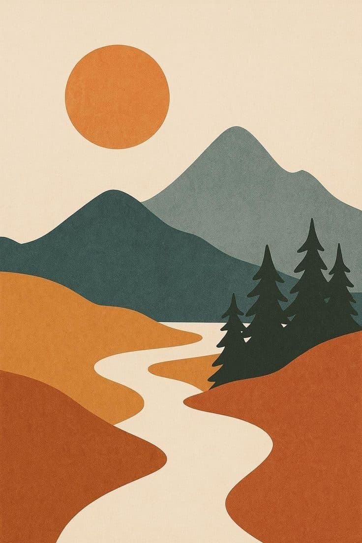 Retro Smoky Mountain landscape - orange sun, pines, and a winding path